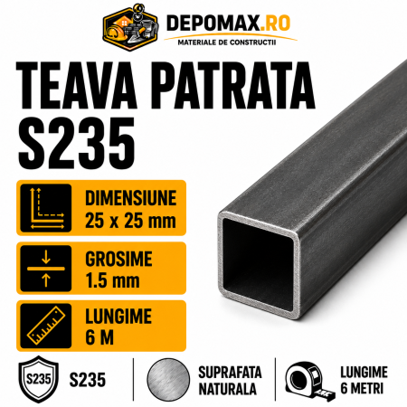 Teava patrata 25 x 25 x 1.5 mm, 6 metri
